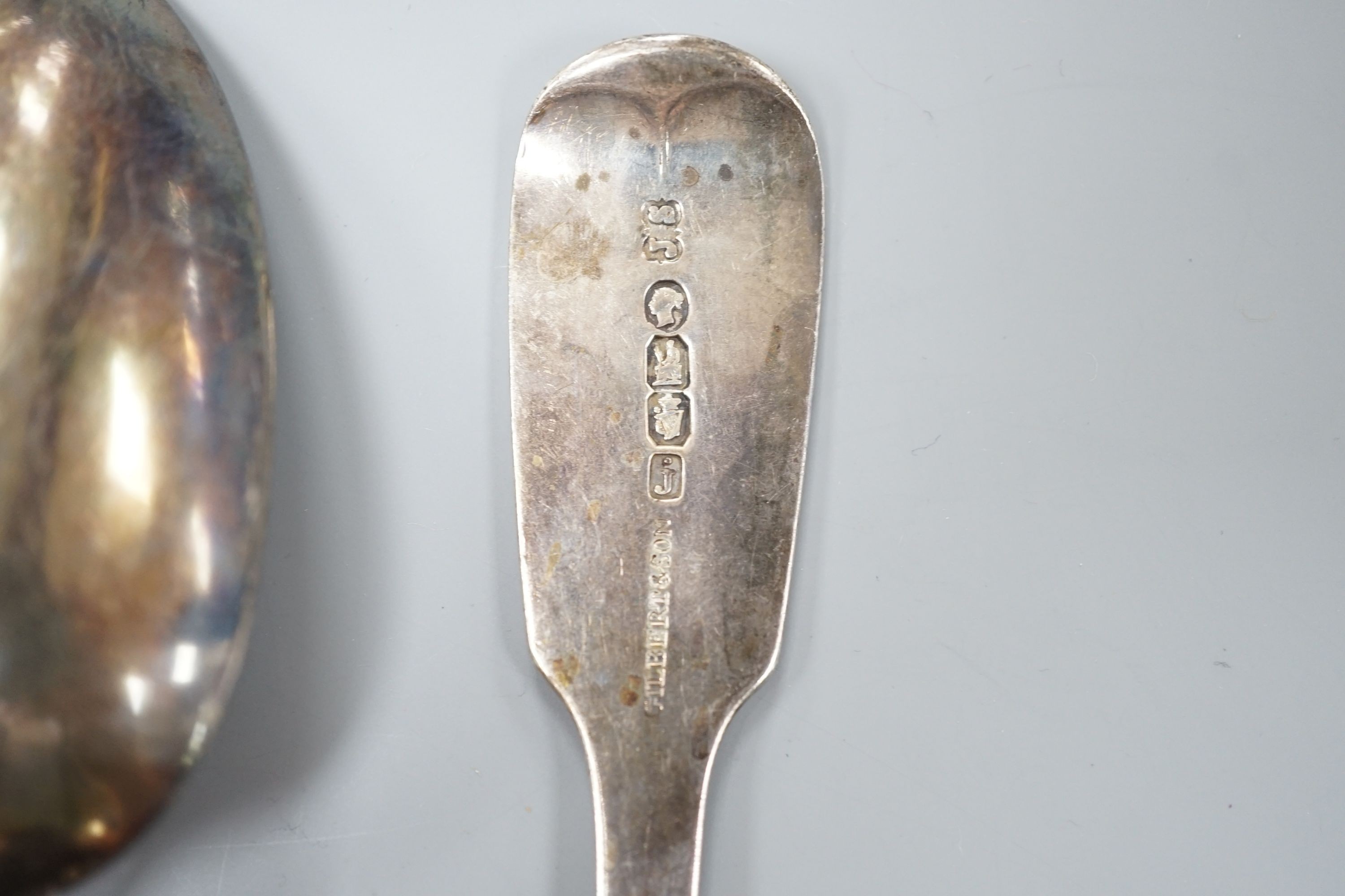 A pair of Victorian Irish silver fiddle pattern dessert spoons, Dublin, 1854, 18.1cm and two 18th century Scottish silver Old English pattern tablespoons, Edinburgh, 1765 & 1791, 7oz.